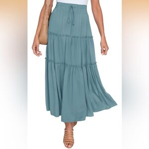 Womens Blue Flowy Boho Maxi Skirt Elastic High Waist A Line Pleated Tiered
